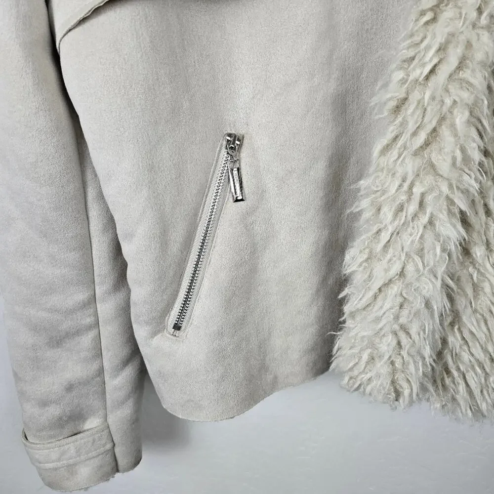 Y2K Women’s XL Faux Shearling Moto Jacket Cream Beige Cozy Winter Biker Coat
